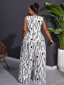 Slaydiva Plus Size Women's Casual Ink Brush Stroke Print Sleeveless Wide Leg Jumpsuit, Spring Summer - Black and White - View 4