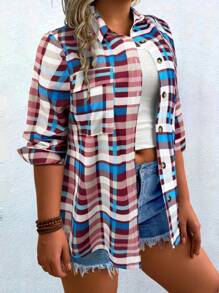 SHEIN LUNE Camisa casual de manga larga con botones en el bolsillo delantero y estampado de cuadros para tallas grandes