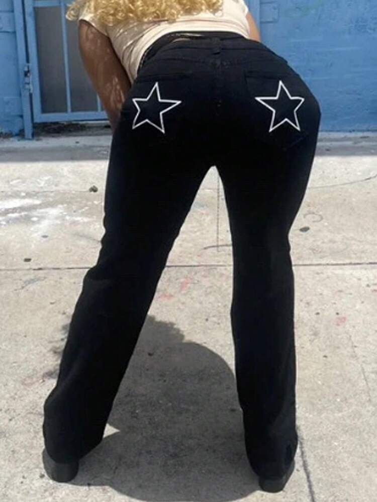 Star Print Straight Leg Jeans - Black - View 1