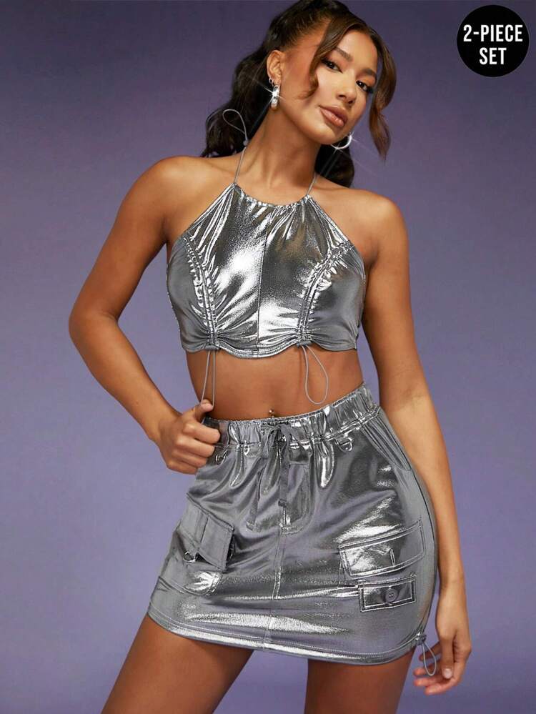 Metallic Drawstring Top & Skirt Two Piece Set