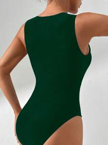SHEIN Swim 女士夏季海滩度假拉链半襟休闲连体泳衣 - 墨綠色 - 查看 2