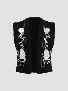 Sweetra Floral Embroidered Padded Sleeveless Jacket, Autumn/Winter - Black - View 1