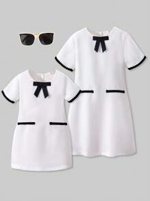 Colorblock Ribbon & Bow Decor Cute Parent-Child Sleeveless Dress For Young Girls, Summer - White - View 1