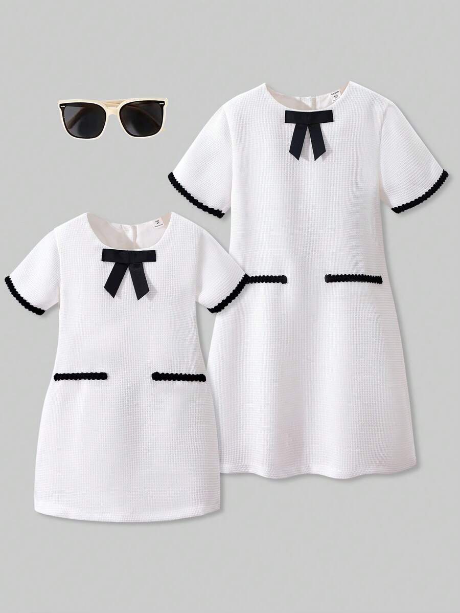 Colorblock Ribbon & Bow Decor Cute Parent-Child Sleeveless Dress For Young Girls, Summer - White - View 1