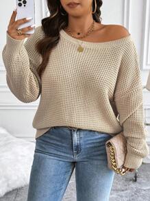 Flirla Pull en tricot texturé de couleur unie grande taille, pull automne hiver - Kaki - Voir 1