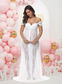 孕妇蕾丝性感露肩高腰开衩拍照婴儿洗礼孕妇礼服