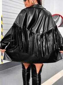 Flirla Chaqueta de manga larga con flecos de piel sintética de talla grande - Negro - Ver 7