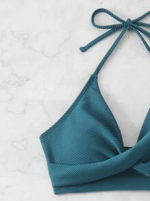 Summer Beach Solid Color Pleated Twist Design Spaghetti Strap Bikini Set For Vacation