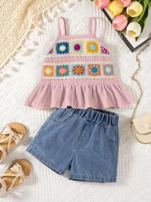 Set van 2 hemdjes en denim shorts voor babymeisjes
