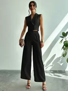 Firerie 2 件套女士黑色商务休闲领衬衫，收腰直筒裤套装，正装，旅行装机场 - 黑色 - 查看 2