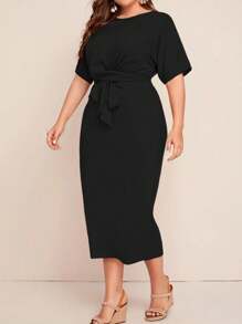 时尚圆领蝴蝶结系腰大码短袖连衣裙 - 黑色 - 查看 5