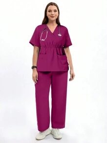 cimmuovere 大尺碼口袋V領上衣和彈性腰帶褲裝護士制服套裝，護理服裝