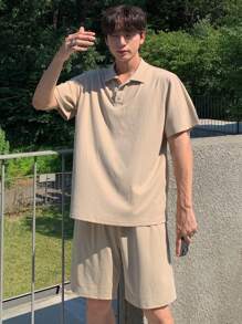 DAZY Men Summer Casual Solid Color Polo Shirt & Shorts Set - Khaki - View 7