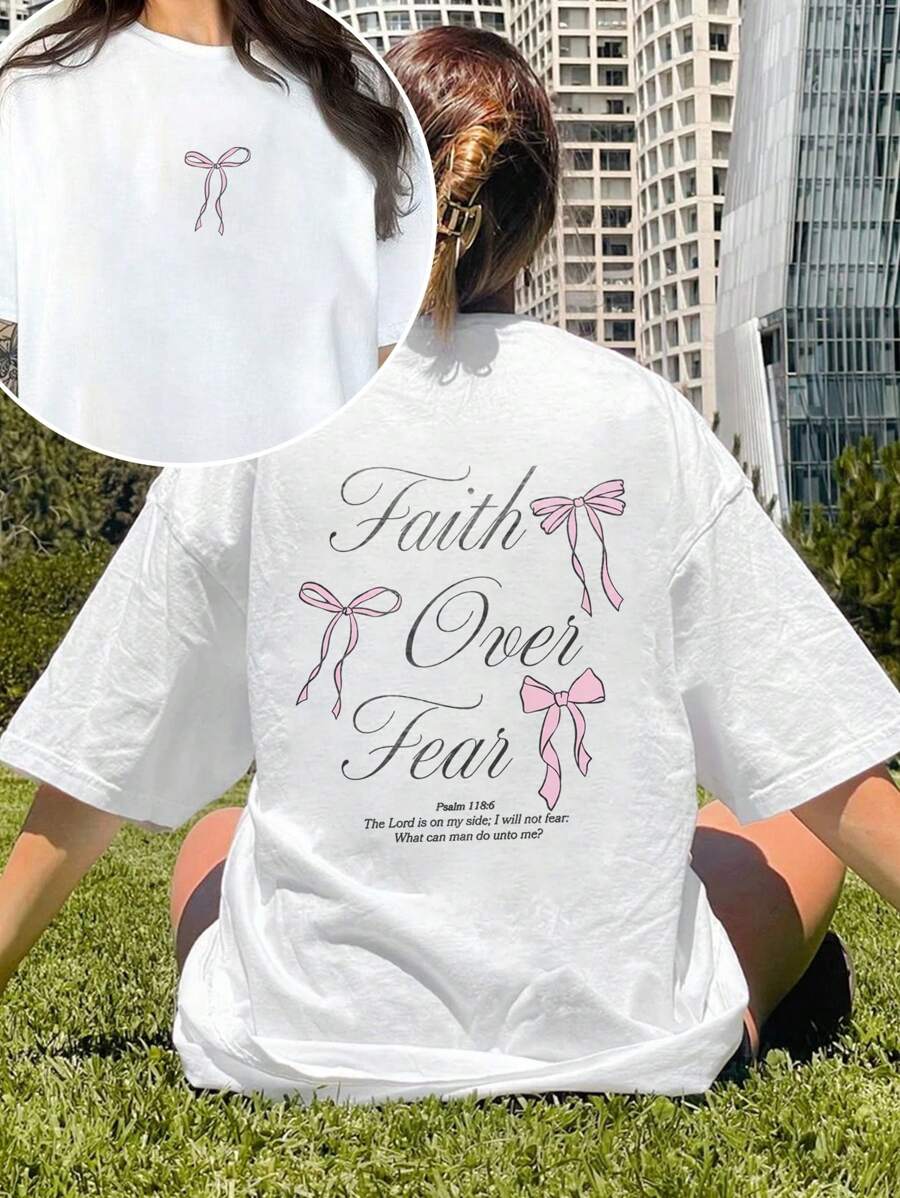 INAWLY Áo thun tay ngắn in họa tiết Đức tin vượt qua nỗi sợ hãi cho nữ Áo thun họa tiết nữ - trắng - Xem 1