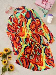 Maweii Plus Size Random Print Long Sleeve Shirt And Shorts 2pcs Set, Casual Holiday