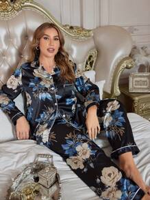 Plus Floral Print Contrast Piping Satin PJ Set / Pajama Set - Black - View 3
