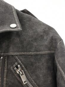 Aveloria Chaqueta corta de PU con diseño de empalme de manga con cremallera, decoración de bolsillos falsos, estilo motero, de tela lavada a la arena y de urbana