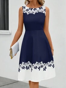 SHEIN Clasi Women's Elegant Color Block & Floral Print Sleeveless Dress, Summer - Navy Blue - View 1