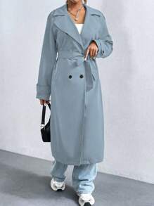 Flirla Women's Solid Color Minimalist Casual Turndown Collar Button Long Sleeve Trench Coat