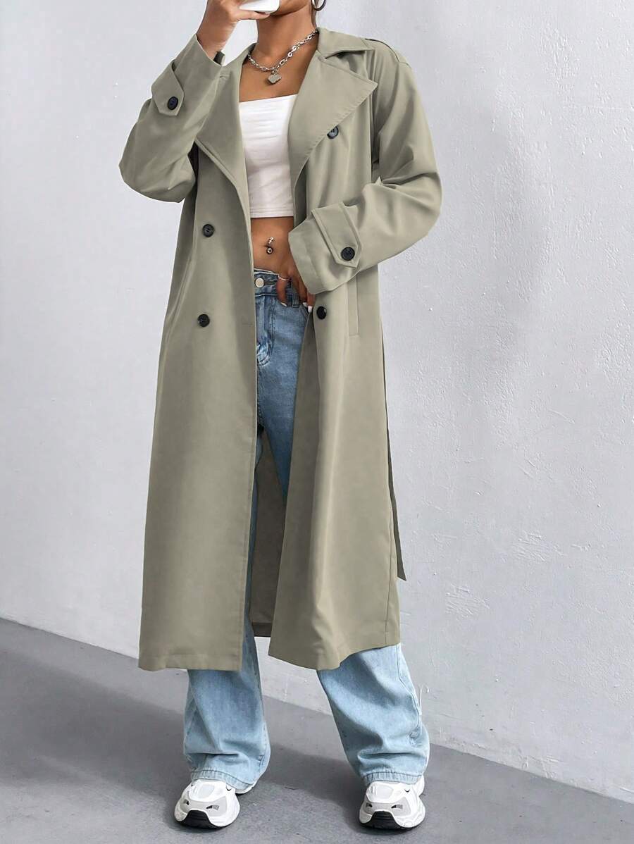 SHEIN Unity 女士纯色简约休闲翻领纽扣长袖风衣 - 卡其色 - 查看 1