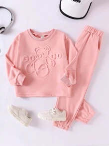 SHEIN 2pcs Set Girls Cute 3D Letter Bear Print Sweatshirt And Pants Children Casual Sports Outfit, Young Girl Fashion Tracksuit For Fall Winter - Pink - View 1