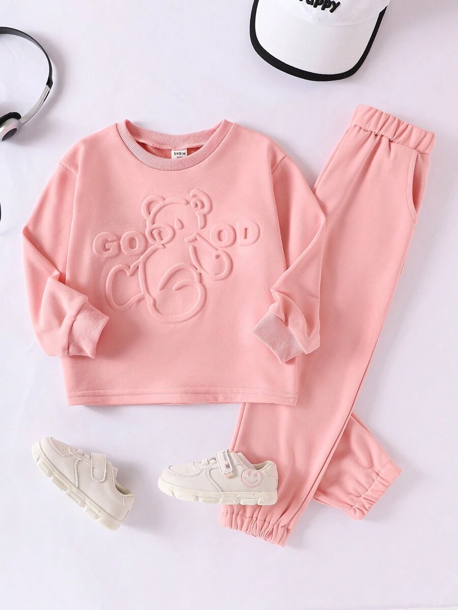 SHEIN 2pcs Set Girls Cute 3D Letter Bear Print Sweatshirt And Pants Children Casual Sports Outfit, Young Girl Fashion Tracksuit For Fall Winter - Pink - View 1