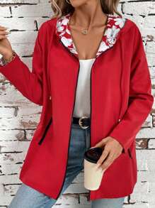 SHEIN Clasi 女士纯色连帽拉链休闲长袖连帽拉链开学服秋季女装复古风格教师服红色夹克秋季女装 - 紅色 - 查看 6