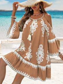 Breezaya Women's Floral Print Holiday Halter Neck Loose Straight Dress With Tie And Tassel Details - Multicolor - View 6