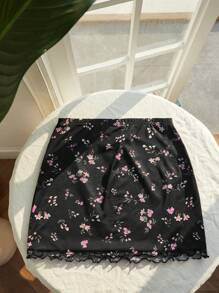 Comfortcana Summer Going Out Pink Floral Print Lettuce Trim Mesh Skirt