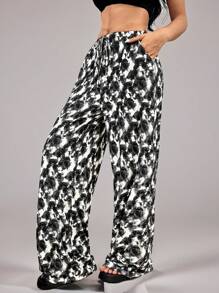 SHEIN EZwear Front-Tied Graphic Flower Print Pocketed Wide-Leg Pants,Soft Fabric - Multicolor - View 4
