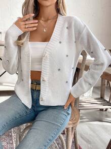 Chiquease 女式 V 领长袖 Dolman 开衫，带钻石装饰，针织毛衣夹克，适合秋冬季 - 白色 - 查看 5