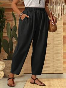 Pantalones de tobillo con cintura elástica, bolsillos y cordón para mujer de talla grande y unicolor - Negro - Ver 3