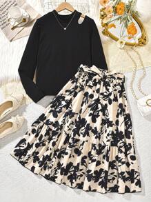 2 piezas/Set Camiseta de manga larga acanalada negra y falda larga con estampado gráfico con cordón en la cintura para adolescentes, conjunto elegante de otoño/invierno - Negro - Ver 5