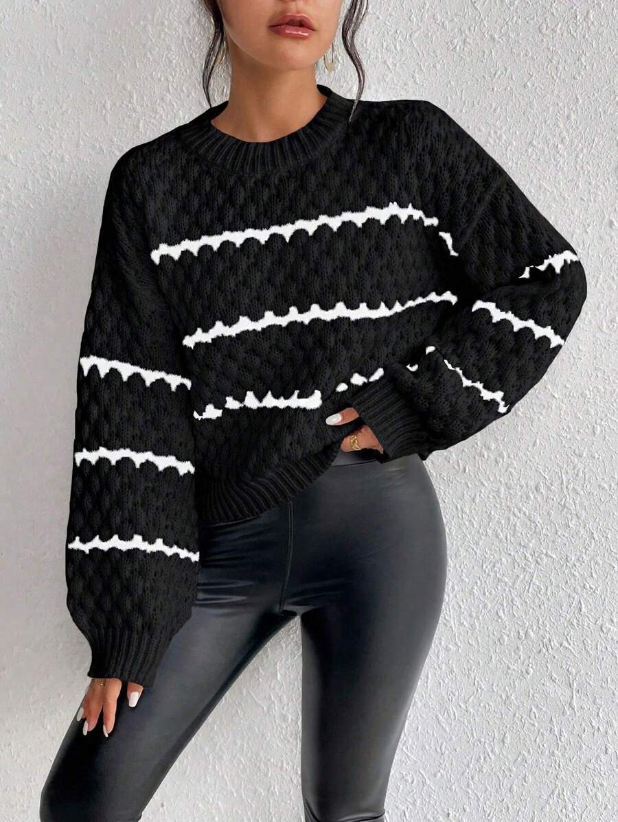 EMERY ROSE 女士撞色条纹简约休闲套头毛衣，长袖上衣，针织套头衫，秋冬款 - 黑色 - 查看 1