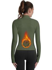 Trioutop Zipper Solid Color Sports Lightweight Track Workout Yoga Short Blazer With Pockets - Green - View 2