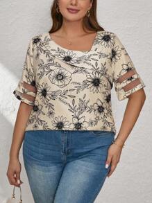 SHEIN Clasi Plus Floral Print Asymmetrical Neck Mesh Insert Blouse - Apricot - View 3