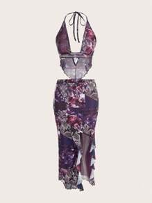 SHEIN ICON 女用佩斯利印花不對稱下擺吊帶背心上衣和裙子套裝 - 紫色 - 查看 1