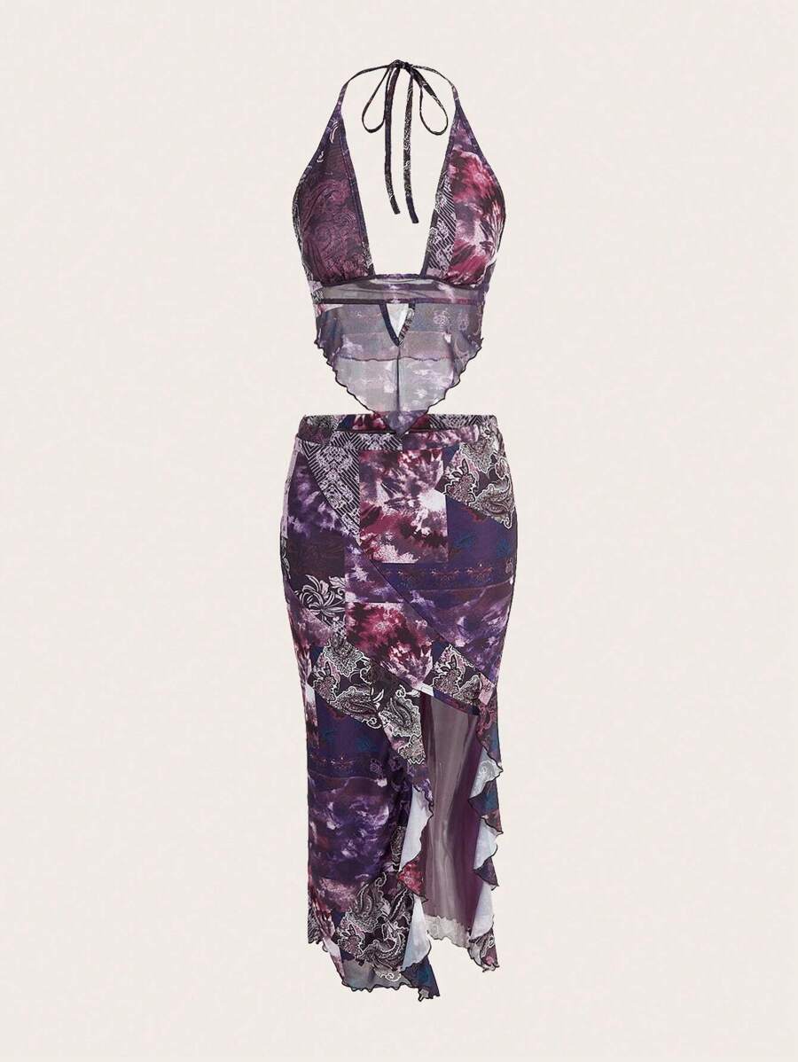 SHEIN ICON 女用佩斯利印花不對稱下擺吊帶背心上衣和裙子套裝 - 紫色 - 查看 1