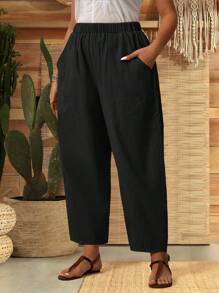 Pantalones de tobillo con cintura elástica, bolsillos y cordón para mujer de talla grande y unicolor - Negro - Ver 6