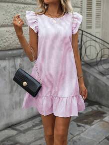 SHEIN LUNE Váy mini tay bồng họa tiết sọc đơn giản mặc hàng ngày dành cho nữ - Hồng - Xem 4