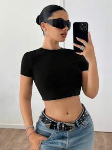 SHEIN ICON 纯色短袖 Y2K 返校季女款黑色中国龙印花 T 恤 - 黑色 - 查看 2