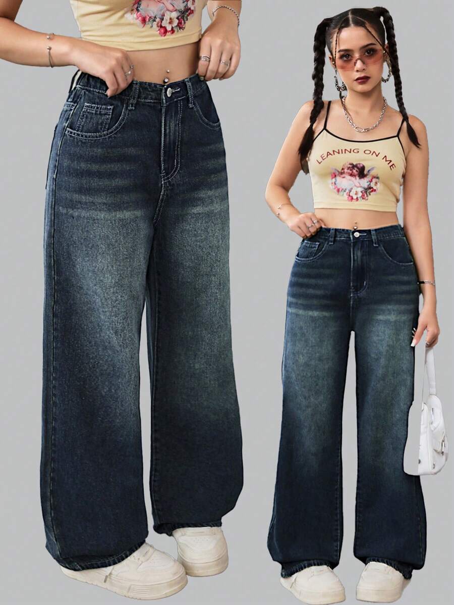 SHEIN 青少女寬鬆直筒牛仔褲,藍色 - 深色水洗藍 - 查看 1