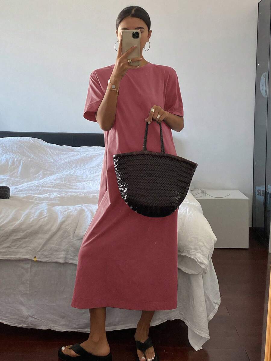 Livesso Đầm ngắn tay màu trơn dáng rộng dành cho nữ, đầm maxi mùa hè. - Màu Hoa hồng đỏ - Xem 1