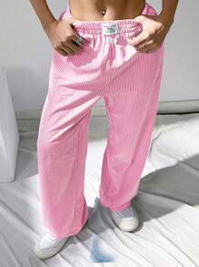 SHEIN EZwear Valentine's Day,Plus Size Casual Loose Striped Palazzo Pants For Summer - Pink - View 1