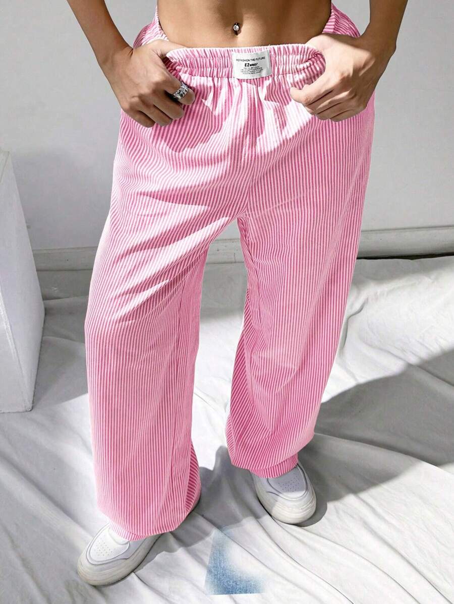 SHEIN EZwear Valentine's Day,Plus Size Casual Loose Striped Palazzo Pants For Summer - Pink - View 1