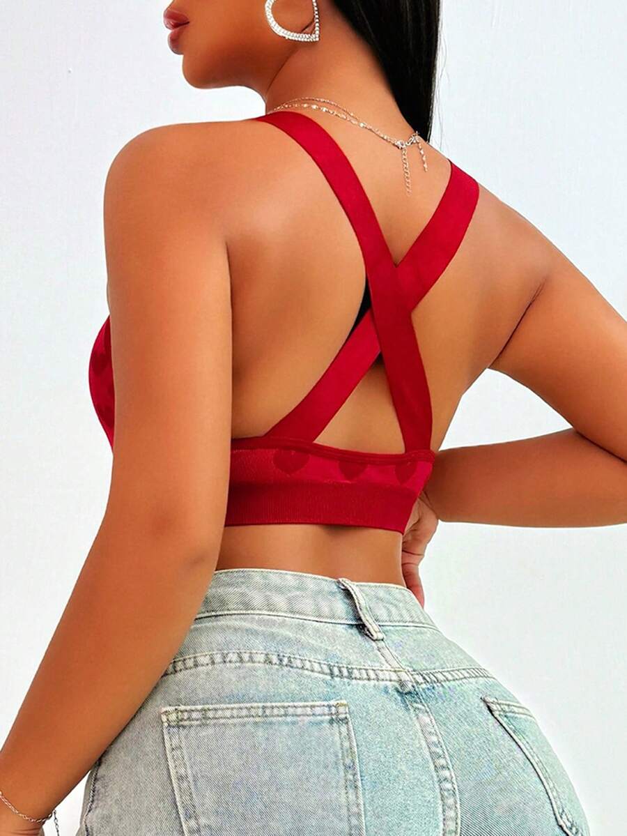Women's Simple Heart Print Seamless Criss-Cross Bra - Burgundy - View 1