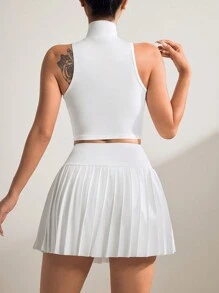SHEIN Sport Studio Women's Solid Color Zipper Front Stand Collar Vest And Pleated Skirt Sportswear Set Workout Women Setwomen Workout Set