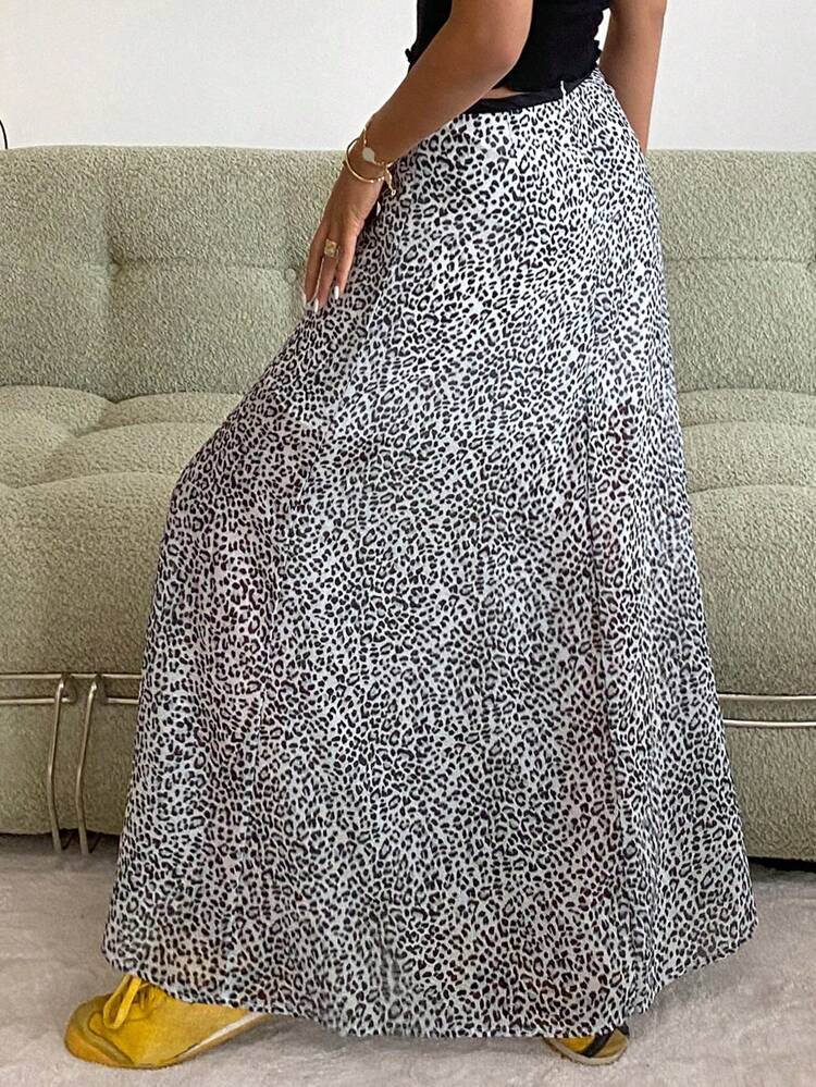 Women's Spring & Summer Casual Leopard Patchwork Slit Zip Closure Long Skirt