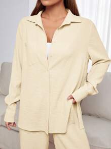 SHEIN EZwear Conjunto de 2 piezas de camisa de botones de unicolor y pantalones para mujer