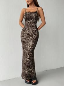 SHEIN EZwear 女士时尚豹纹紧身吊带连衣裙，夏季 - 卡其色 - 查看 5